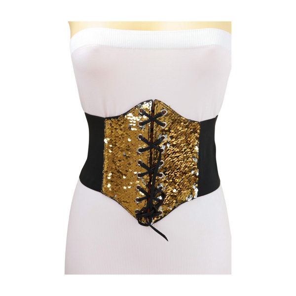 Brand New Women Black Elastic Band High Waist Corset Belt Shiny Silver Gold Sequins S M