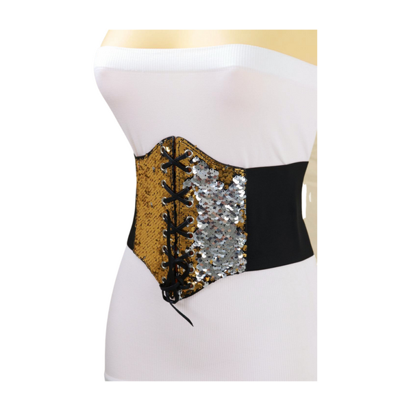 Brand New Women Black Elastic Band High Waist Corset Belt Shiny Silver Gold Sequins S M