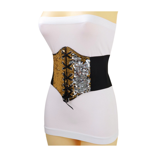 Brand New Women Black Elastic Band High Waist Corset Belt Shiny Silver Gold Sequins S M