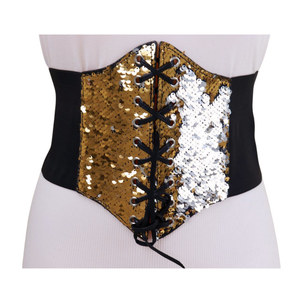 Brand New Women Black Elastic Band High Waist Corset Belt Shiny Silver Gold Sequins S M