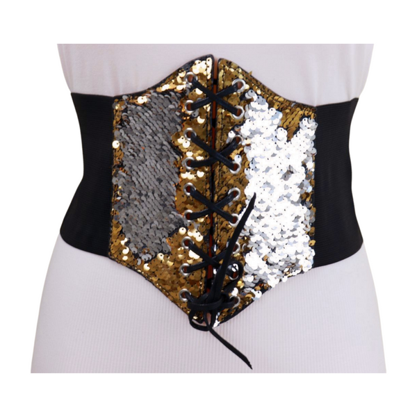 Brand New Women Black Elastic Band High Waist Corset Belt Shiny Silver Gold Sequins S M