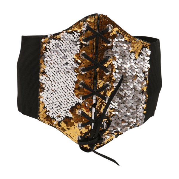 Brand New Women Black Elastic Band High Waist Corset Belt Shiny Silver Gold Sequins S M