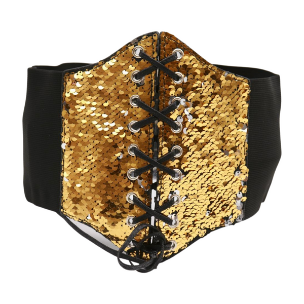 Brand New Women Black Elastic Band High Waist Corset Belt Shiny Silver Gold Sequins S M
