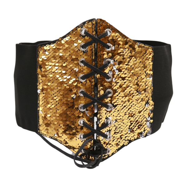 Brand New Women Black Elastic Band High Waist Corset Belt Shiny Silver Gold Sequins S M