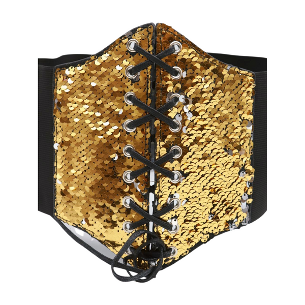 Brand New Women Black Elastic Band High Waist Corset Belt Shiny Silver Gold Sequins S M