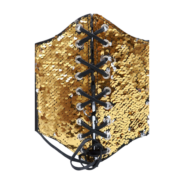 Brand New Women Black Elastic Band High Waist Corset Belt Shiny Silver Gold Sequins S M