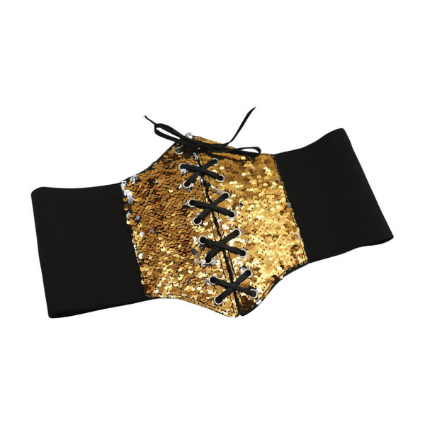 Brand New Women Black Elastic Band High Waist Corset Belt Shiny Silver Gold Sequins S M