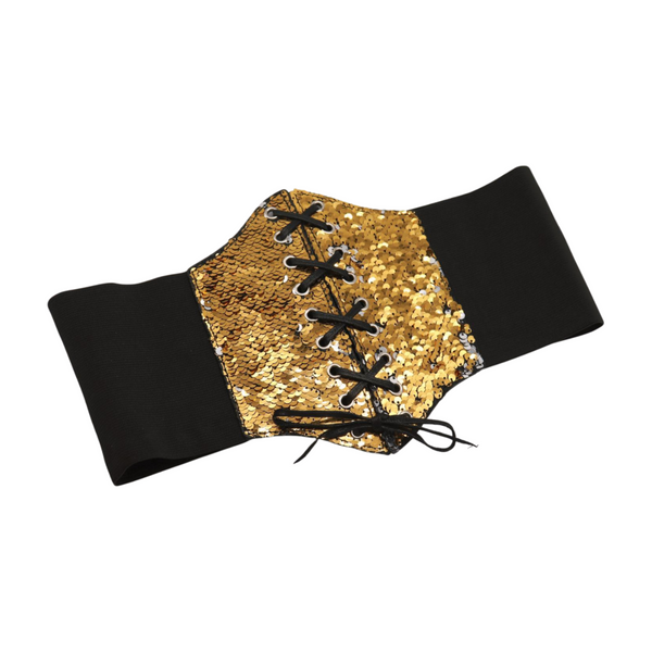 Brand New Women Black Elastic Band High Waist Corset Belt Shiny Silver Gold Sequins S M