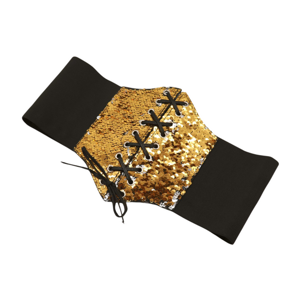 Brand New Women Black Elastic Band High Waist Corset Belt Shiny Silver Gold Sequins S M