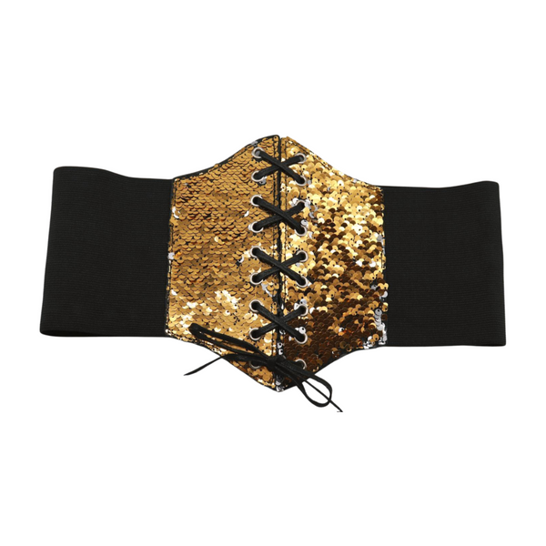 Brand New Women Black Elastic Band High Waist Corset Belt Shiny Silver Gold Sequins S M