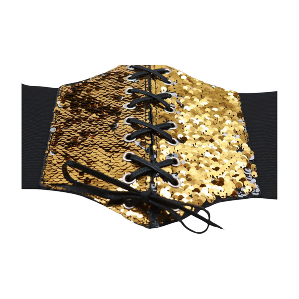 Brand New Women Black Elastic Band High Waist Corset Belt Shiny Silver Gold Sequins S M