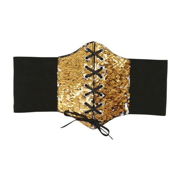 Brand New Women Black Elastic Band High Waist Corset Belt Shiny Silver Gold Sequins S M