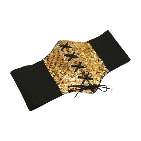 Brand New Women Black Elastic Band High Waist Corset Belt Shiny Silver Gold Sequins S M