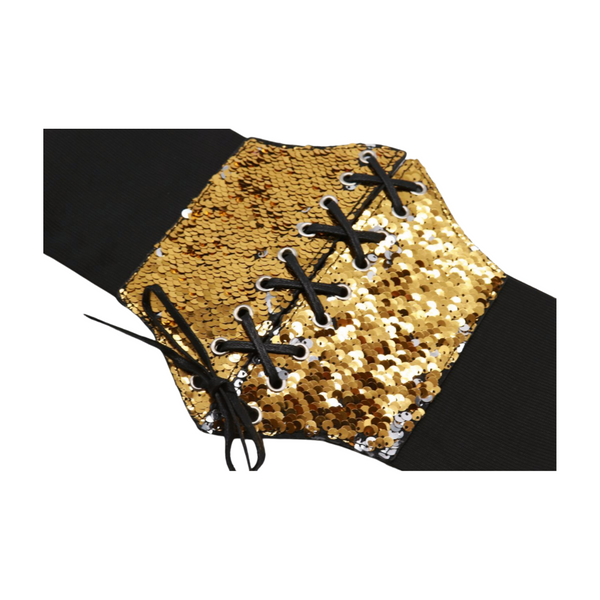 Brand New Women Black Elastic Band High Waist Corset Belt Shiny Silver Gold Sequins S M