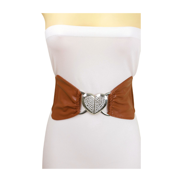 Brand New Women Brown Faux Leather Elastic Belt Silver Love Hear Buckle S M