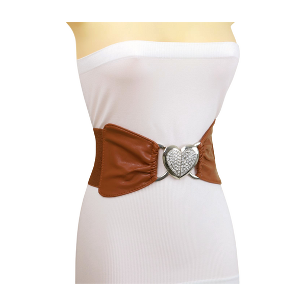 Brand New Women Brown Faux Leather Elastic Belt Silver Love Hear Buckle S M
