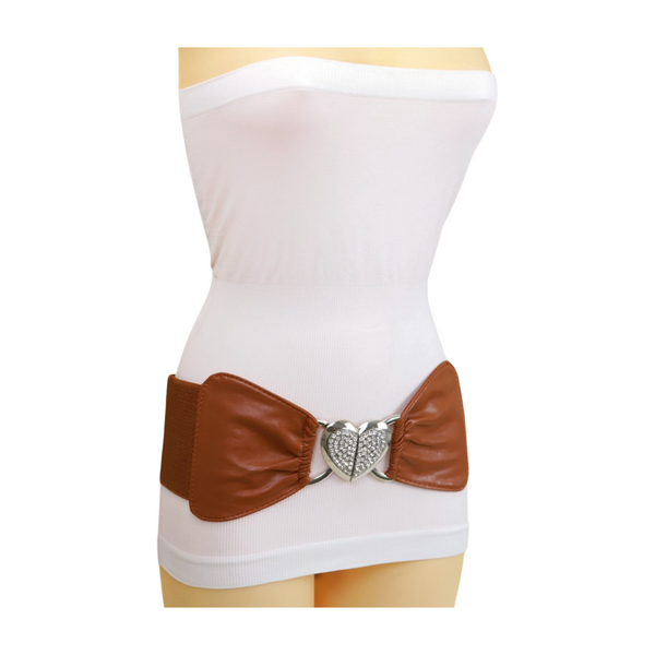 Brand New Women Brown Faux Leather Elastic Belt Silver Love Hear Buckle S M