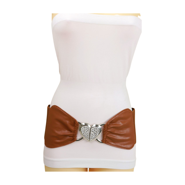 Brand New Women Brown Faux Leather Elastic Belt Silver Love Hear Buckle S M
