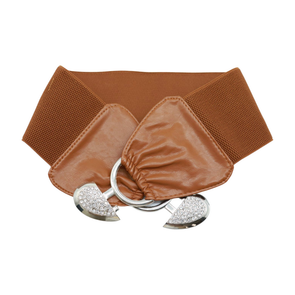 Brand New Women Brown Faux Leather Elastic Belt Silver Love Hear Buckle S M