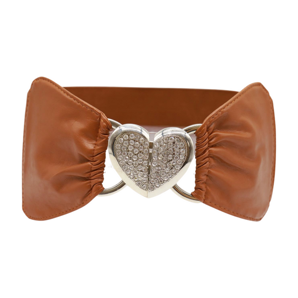 Brand New Women Brown Faux Leather Elastic Belt Silver Love Hear Buckle S M