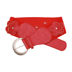 Red Elastic Strap Belt Flowers Silver Buckle S M