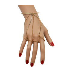 Women Gold Metal Cuff Bracelet Hand Chain Bling 4 Fingers Connected Ring