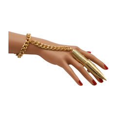 Women Gold Metal Hand Chain Bracelet Long Finger Nail Ring
