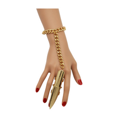 Women Gold Metal Hand Chain Bracelet Long Finger Nail Ring