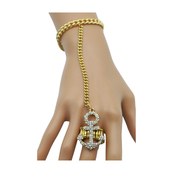 Women Gold Metal Hand Chain Wrist Bracelet Connected Anchor Ring