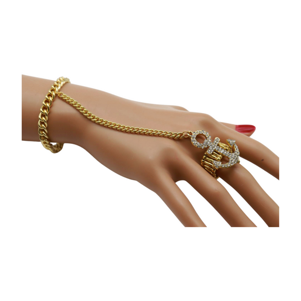 Women Gold Metal Hand Chain Wrist Bracelet Connected Anchor Ring