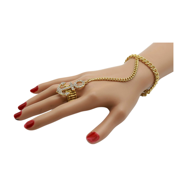 Women Gold Metal Hand Chain Wrist Bracelet Connected Anchor Ring