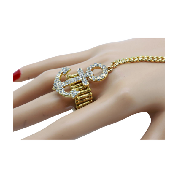 Women Gold Metal Hand Chain Wrist Bracelet Connected Anchor Ring