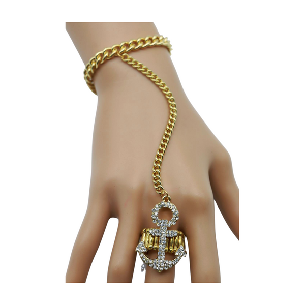 Women Gold Metal Hand Chain Wrist Bracelet Connected Anchor Ring