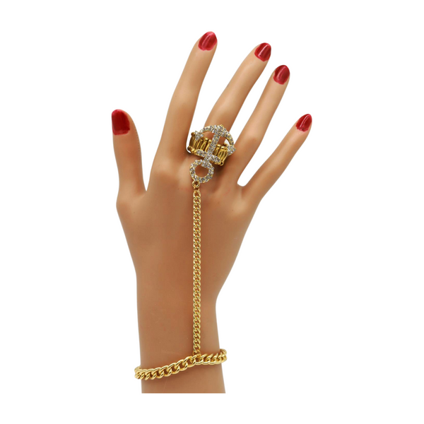 Women Gold Metal Hand Chain Wrist Bracelet Connected Anchor Ring