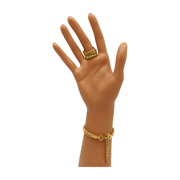 Women Gold Metal Hand Chain Wrist Bracelet Connected Anchor Ring