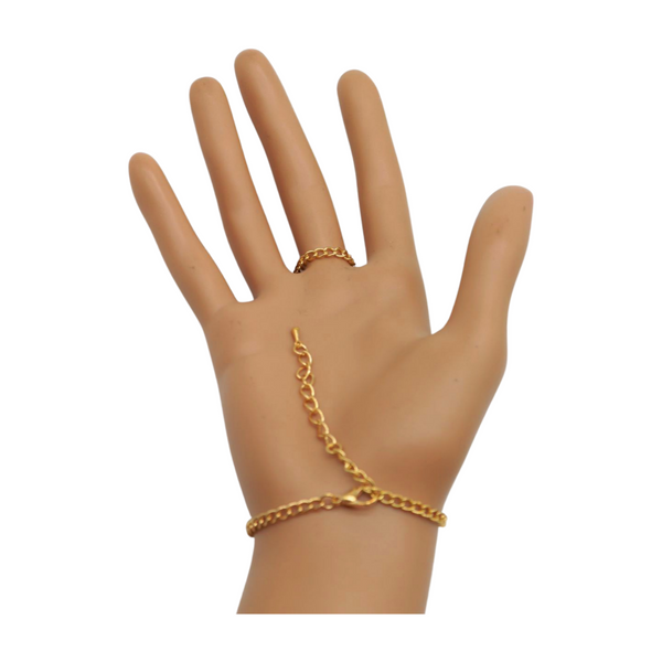 Women Gold Metal Hand Chain Bracelet Multi Wave Connected Ring