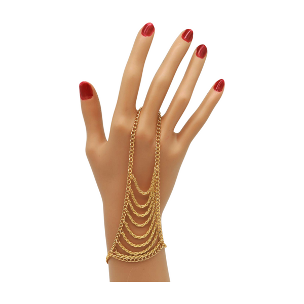 Women Gold Metal Hand Chain Bracelet Multi Wave Connected Ring
