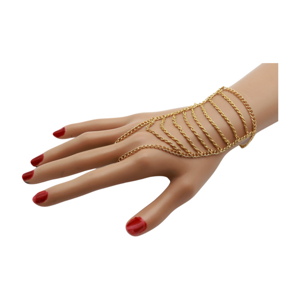 Women Gold Metal Hand Chain Bracelet Multi Wave Connected Ring