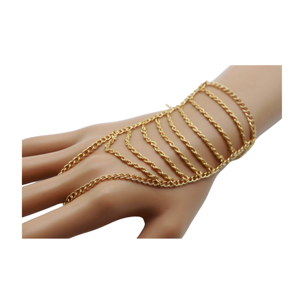 Women Gold Metal Hand Chain Bracelet Multi Wave Connected Ring