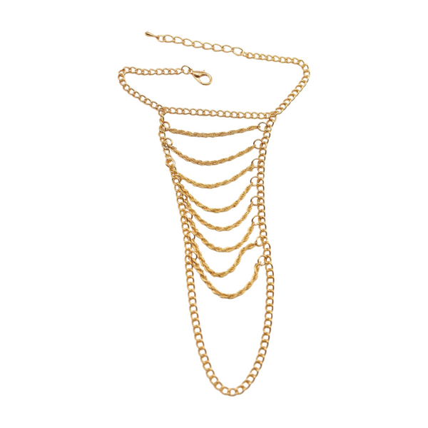 Women Gold Metal Hand Chain Bracelet Multi Wave Connected Ring