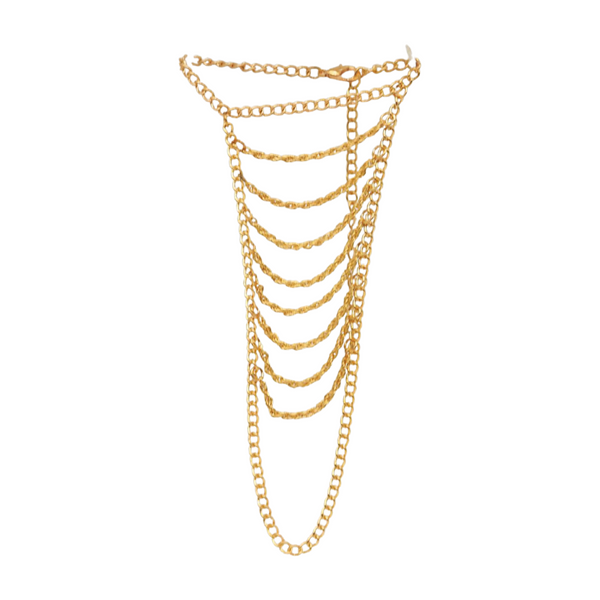 Women Gold Metal Hand Chain Bracelet Multi Wave Connected Ring