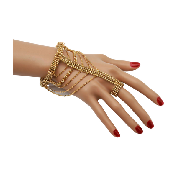 Women Gold Mesh Metal Hand Chain Wrist Fashion Bracelet Ring Size 6.5