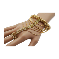 Women Gold Mesh Metal Hand Chain Wrist Fashion Bracelet Ring Size 6.5