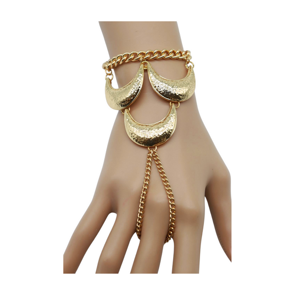 Women Gold Metal Hand Chain Bracelet Moons Charm Connected Ring