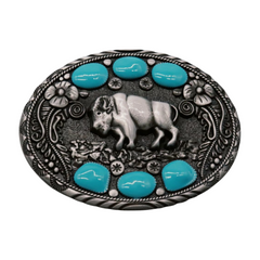 Bison Buffalo & Turquoise Beads Oval Shaped Metal Belt Buckle