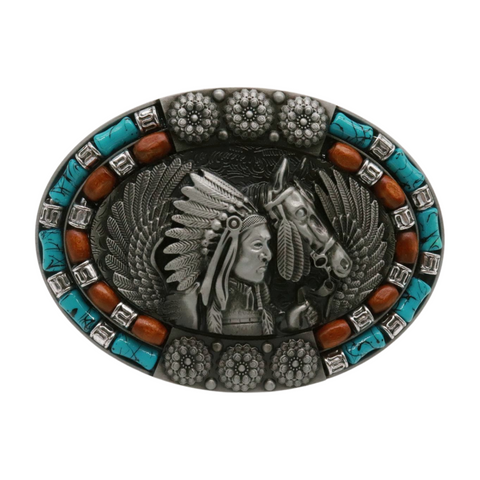 Brand New Men Women Silver Metal Belt Western Native Indian Warrior Horse Turquoise Blue Brown Beads
