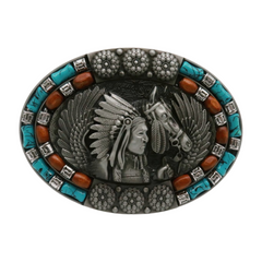 Men Women Silver Metal Belt Western Native Indian Warrior Horse Turquoise Blue Brown Beads
