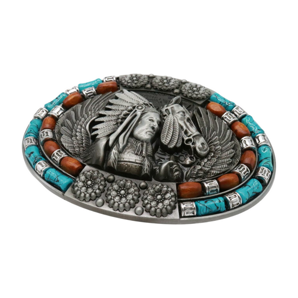 Brand New Men Women Silver Metal Belt Western Native Indian Warrior Horse Turquoise Blue Brown Beads