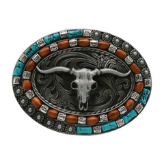 Women Men Silver Metal Buckle Western Fashion Bull Long Horn Texas Cow