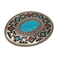 Native Ethnic Style Oval Shaped Silver & Turquoise Belt Buckle